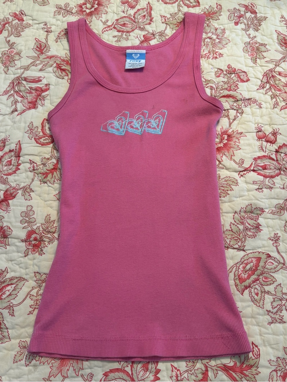 Vintage 90s Roxy Pink baby blue Ribbed Tank Top with Blue Graphic